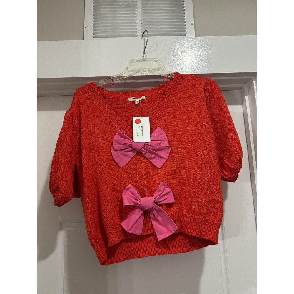 Lalavon Red Sweater w/ Pink Bows Festive Holiday Coquette Preppy Modest Sz Large